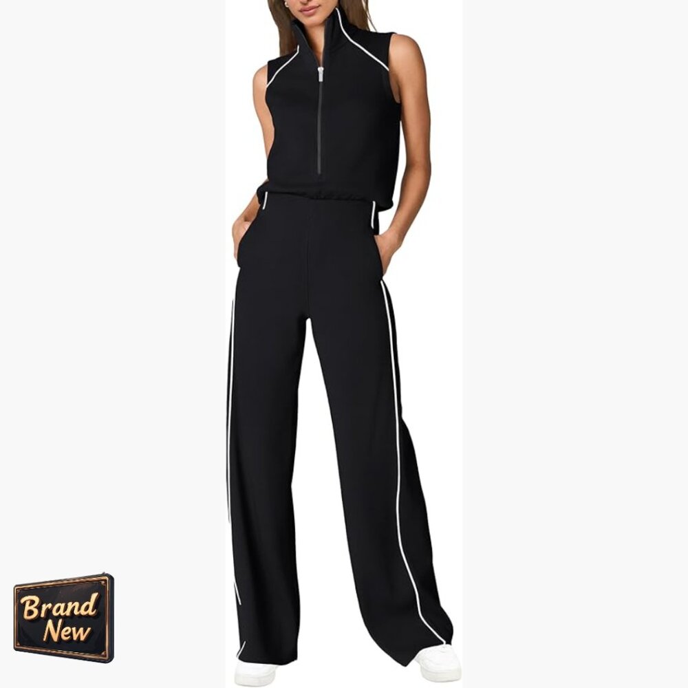 Sleeveless Mock Neck Wide Leg Jumpsuit With Pockets Medium